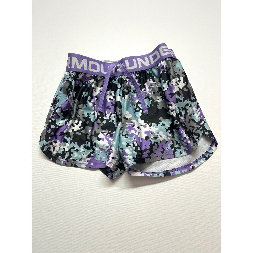 Under Armour Girls Youth Medium Purple Teal Camo HeatGear Athletic Shorts 0444S